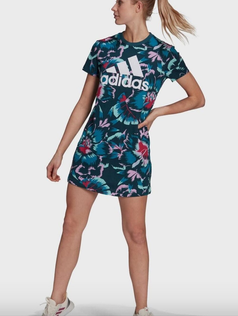 ADIDAS X FARM RIO Sporty Wild Teal Floral T-Shirt Mini Dress Medium